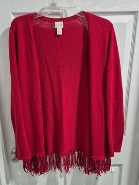 Chico's Size 1 Open-Front Red Fringe Hem Cardigan
